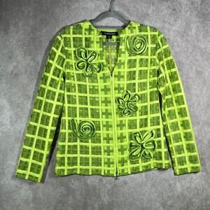 T&W Designs Blazer Jacket Womens M Green‎ Semi Sheer Floral Applique Art To Wear